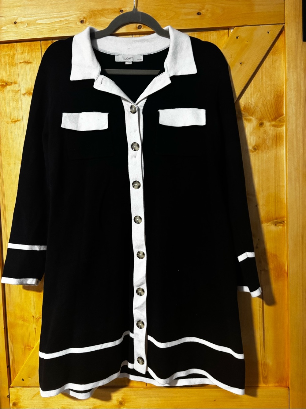 LOFT Black & White Tipped Knit Button-Front Cardigan Mini Dress – Large Petite